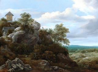 Landscape with Houses on a Rocky Hill with a View of a Plain Beyond