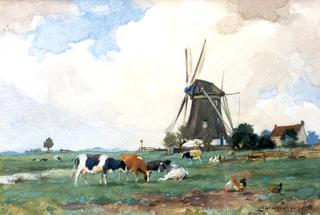 Cows and chickens near a windmill