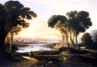 A Romantic River Landscape with Ships
