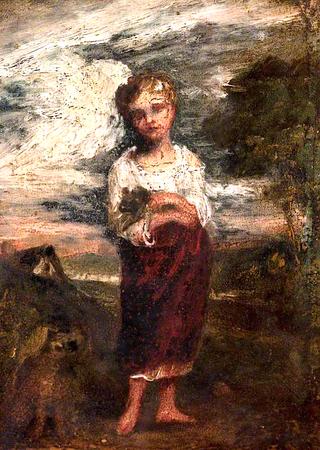 Girl Standing in a Landscape Holding a Newborn Lamb