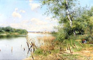 A Tranquil River with a View of a Town, possibly Seville