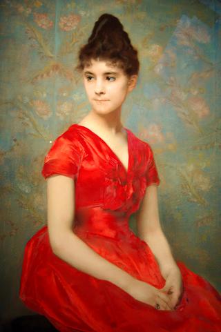 Jeune fille en robe rouge sur fond de fleurs