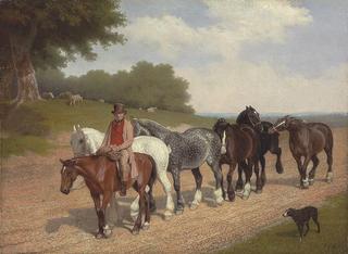 A groom with a string of carthorses and a dog, on a country road