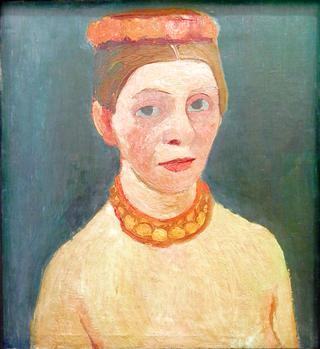 Self-portrait with red flower wreath and necklace