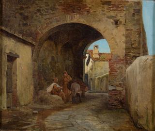 Mediterranean village with two monks