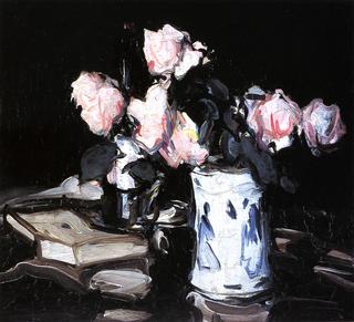 Roses in a Blue and White Vase, Black Background