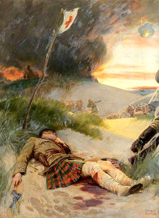 First World War: A Scottish Soldier, Wearing the Kilt, Lying Wounded on a Battlefield