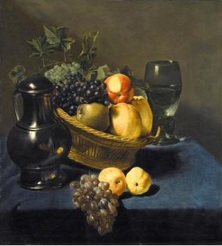 Still Life with Apples and Grapes in a Wicker Basket