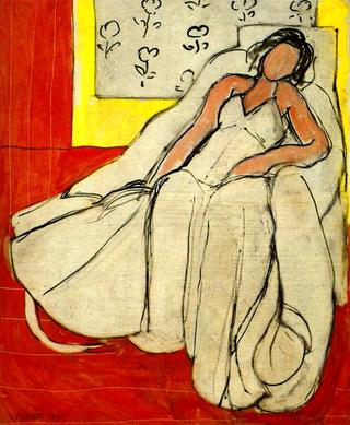 Young Woman in White, Red Background