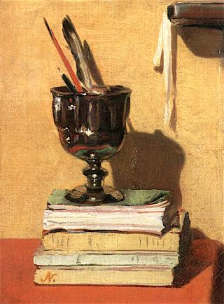 Vase and Books on a Red Table