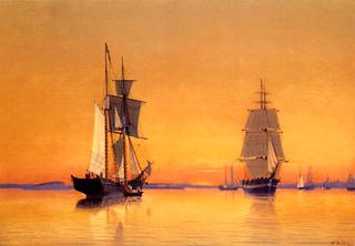 Ships in Boston Harbor at Twilight