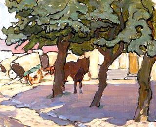 Street Scene with Trees and Carts