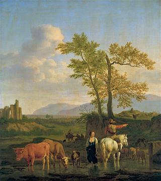 A Horseman at a Ford, Asking the Way of a Herdswoman, in an Italianate Landscape