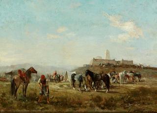 Arab Camp below Fortified Town with Mosque and Tower