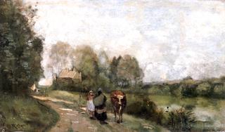 Une route au bord de l'eau avec deux paysannes causant et une vache
