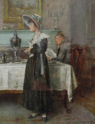 Lady standing beside a Table near a Man reading a Paper