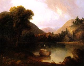 Mountain Lake with Man Fishing