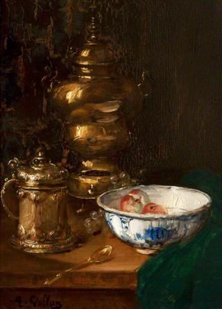 A Bowl of Fruit and Silver on a Table