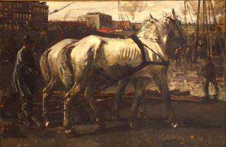 Two White Horses Pulling Posts in Amsterdam