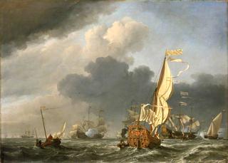 微风中的一艘国家游艇向一群荷兰船只驶去