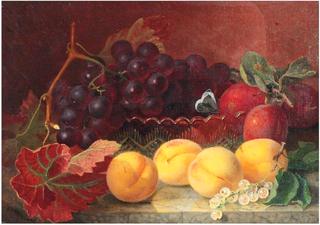 A glass disk of raspberries with a silver salver with peaches and white currants of a take