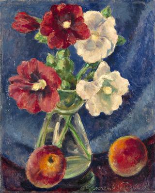 Still Life with Hollyhocks and Peaches