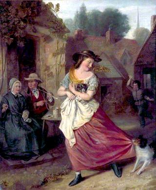 一个女孩抱着小狗的乡村场景