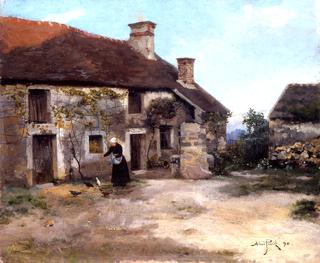 Feeding the Chickens by the Farmhouse