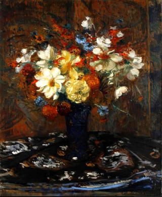 Still life of flowers in a blue vase