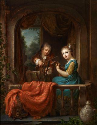 An elegant couple making music on a balcony