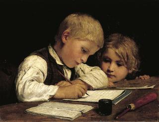 Writing Boy with Little Sister