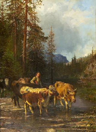 Milkmaid and Cows by Watering Place