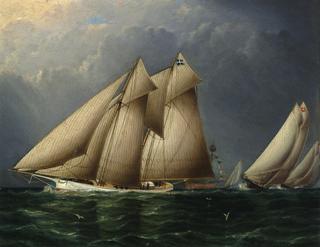 The Schooner Yacht 'Fenella' Rounding Sandy Hook Lightship with 'Estelle' Following