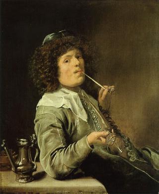 Man Smoking with an Empty Wine Glass