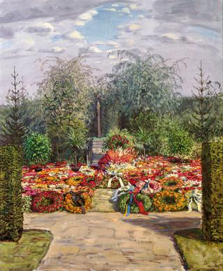 Memorial Cross in the Park with Floral Wreaths
