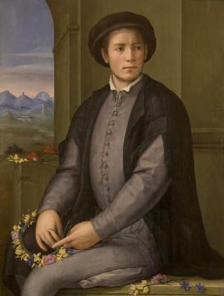Portrait of a Young Man weaving a wreath of Flowers