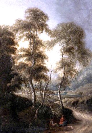 Figures Seated with a Dog in a Woodland Landscape