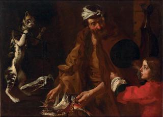 A fishmonger with a boy and a cat weighing ham