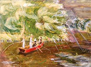 Two Fishermen, Nun, Woman and Baby in Boat