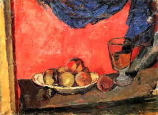 Still Life with Peaches and Blue Curtain