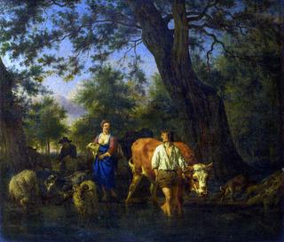 Peasants with Cattle fording a Stream