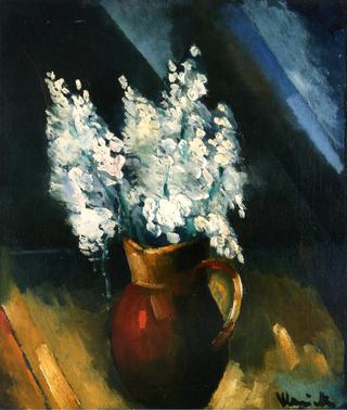 White Flowers in a Red Pitcher