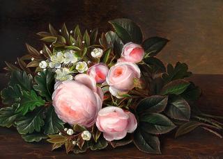 Pink roses and myrtle on a sill