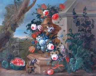A Stone Vase of Flowers with a Parrot, a Monkey and Fruit