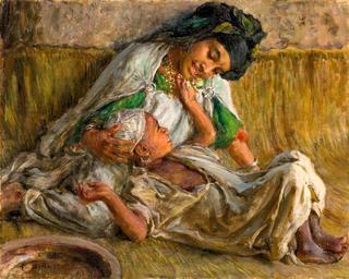 Girl playing with her ​​brother (Fillette jouant avec son frère)