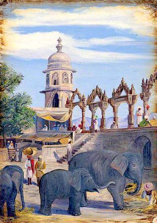 Palace Yard and Female Elephant and Child, Udaipur, India