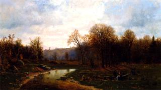 Figures y a River in an Autumnal Landscape