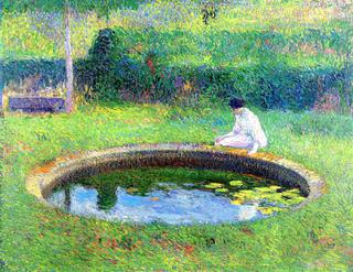 Madame Henri Martin assise sur la margelle d'un des bassins de Marquayrol