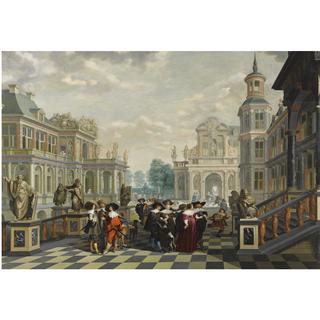 Group of gentlemen in a lavish court between imaginary statues of philosophers