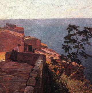 Girl on the terrace at sunset